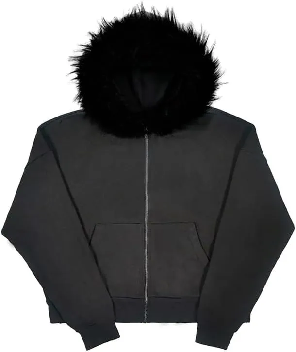 heyheyshine Men's Zip Up Hoodie Fur Hooded Jacket Y2k Emo Grunge 2000s Clothes Grunge Hoodie Warm Winter Coat for Men