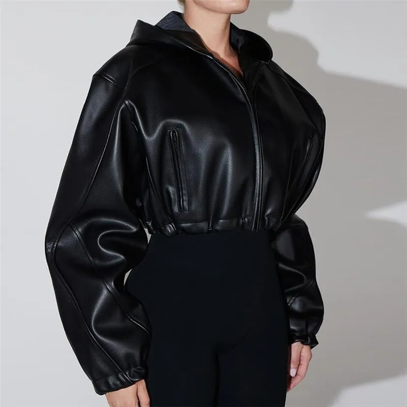 heyheyshine Women's Short Leather Jacket, Long Sleeve Zipper Hooded Jacket, Moto Biker Jacket, Solid Lightweight Blazer