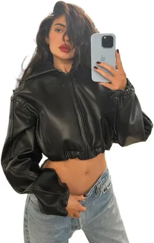 heyheyshine Women's Short Leather Jacket, Long Sleeve Zipper Hooded Jacket, Moto Biker Jacket, Solid Lightweight Blazer