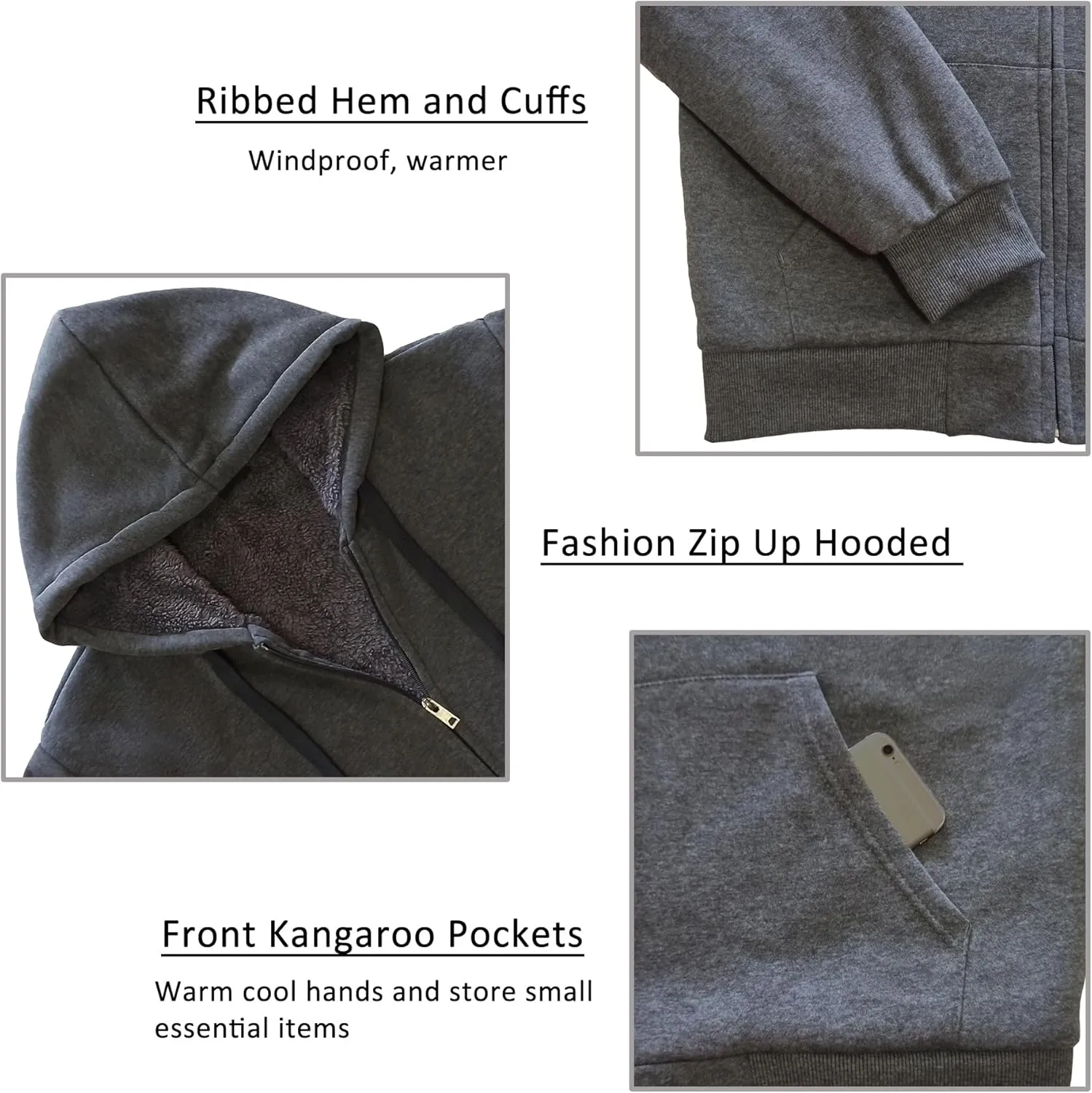 Hoodies for Men Full Zip Up Fashion Sweatshirt Thick Fleece Sherpa Lined Winter Jackets Warm Coats