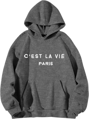 Hoodies for Women Cest La Vie Paris Hooded Sweatshirt Oversized Sweaters Drawstring Long Sleeve Pullover with