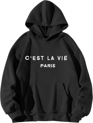 Hoodies for Women Cest La Vie Paris Hooded Sweatshirt Oversized Sweaters Drawstring Long Sleeve Pullover with
