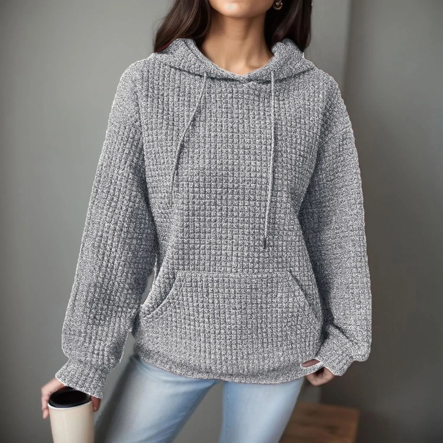 Hoodies for Women Waffle Knit Cute Hoodies Drawstring Pullover Sweatshirts Fashion Casual Sweaters Comfy Fall Clothes Outfits