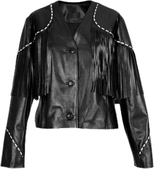 Iconic Western Womens Fringe Real Leather Jacket Regular Black - Red
