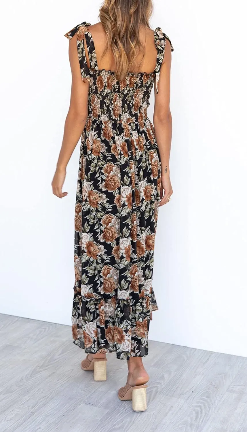 Imily Bela Womens Summer Dress Tie Strap Boho Floral Beach Dress Square Neck Ruffle Sun Dresses A Line Smocked Maxi Dress