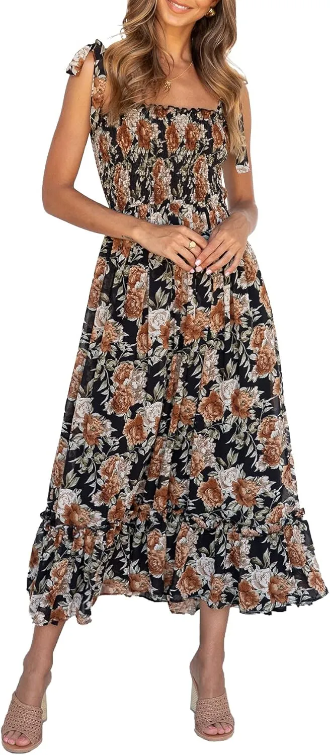 Imily Bela Womens Summer Dress Tie Strap Boho Floral Beach Dress Square Neck Ruffle Sun Dresses A Line Smocked Maxi Dress