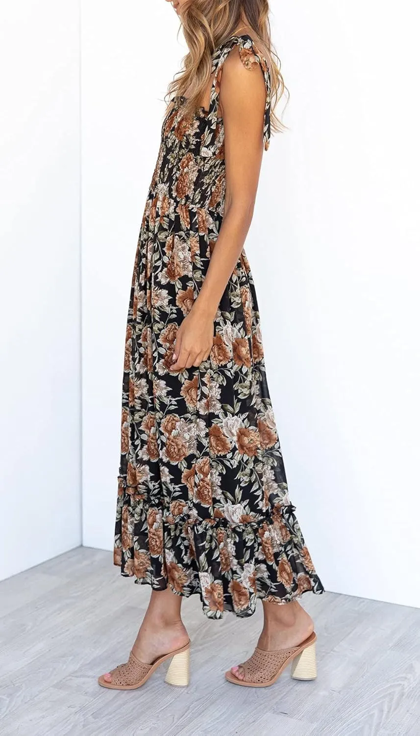 Imily Bela Womens Summer Dress Tie Strap Boho Floral Beach Dress Square Neck Ruffle Sun Dresses A Line Smocked Maxi Dress