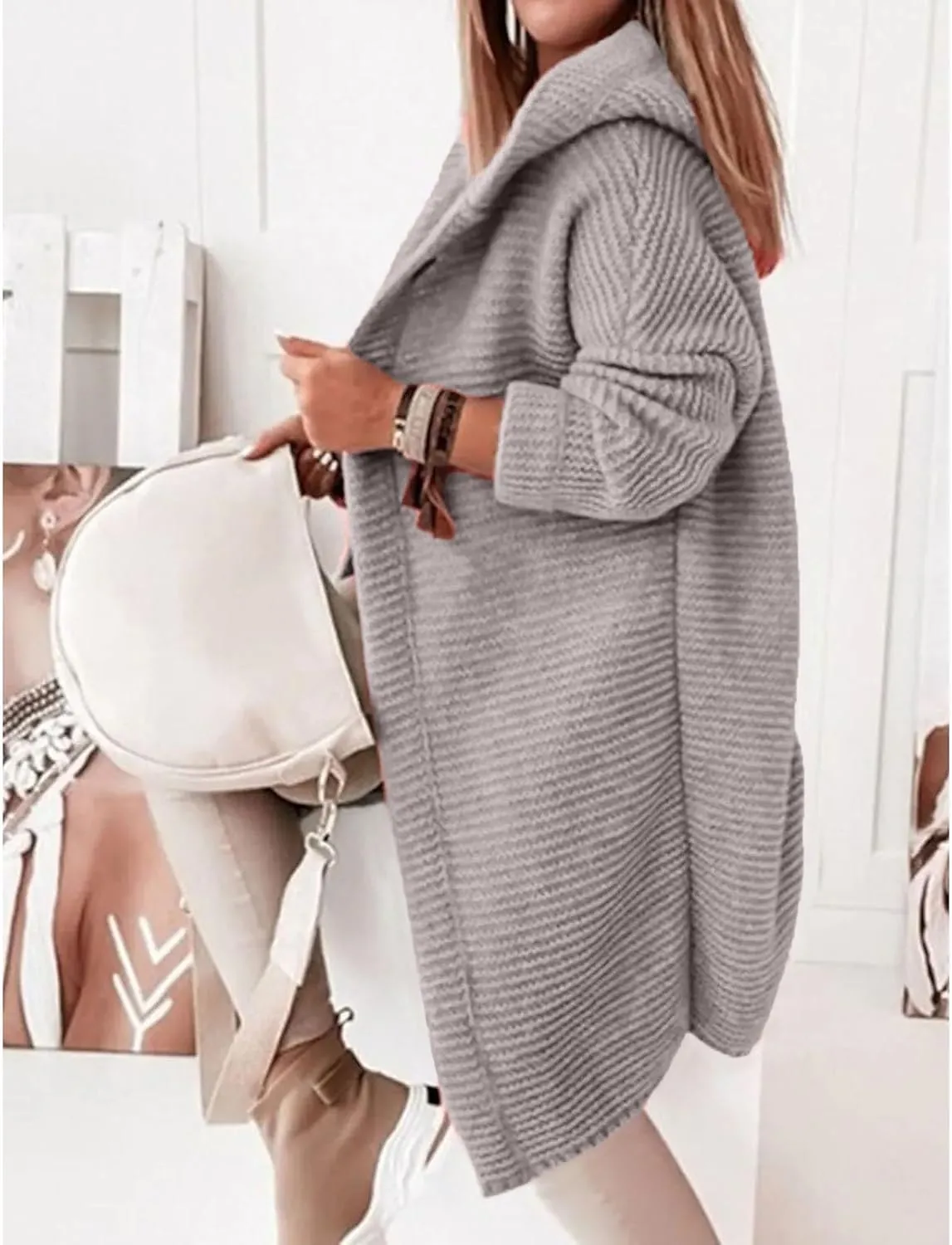 Jackets for Women Hooded Knitted Cardigan Thickened Winter Warm Solid Color Long Sweater Coat