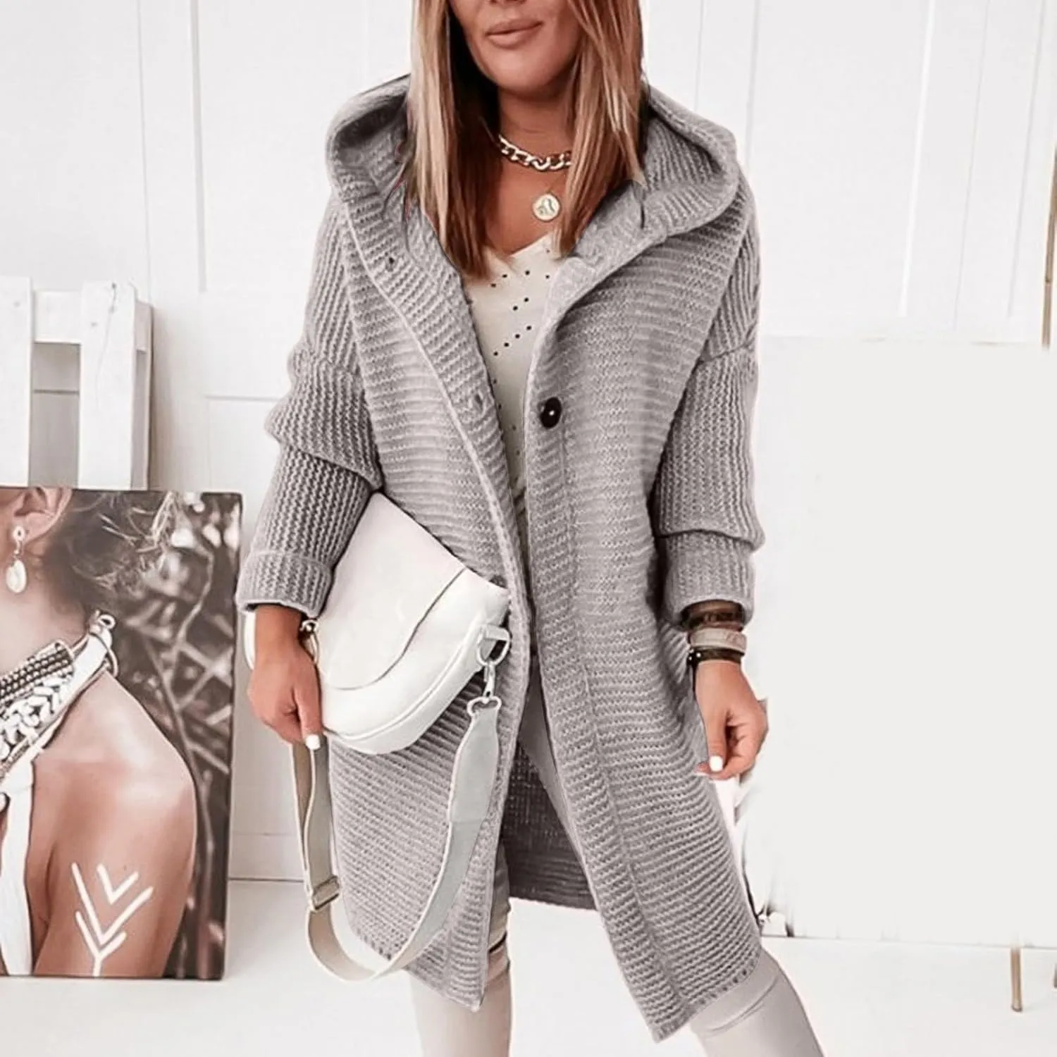Jackets for Women Hooded Knitted Cardigan Thickened Winter Warm Solid Color Long Sweater Coat