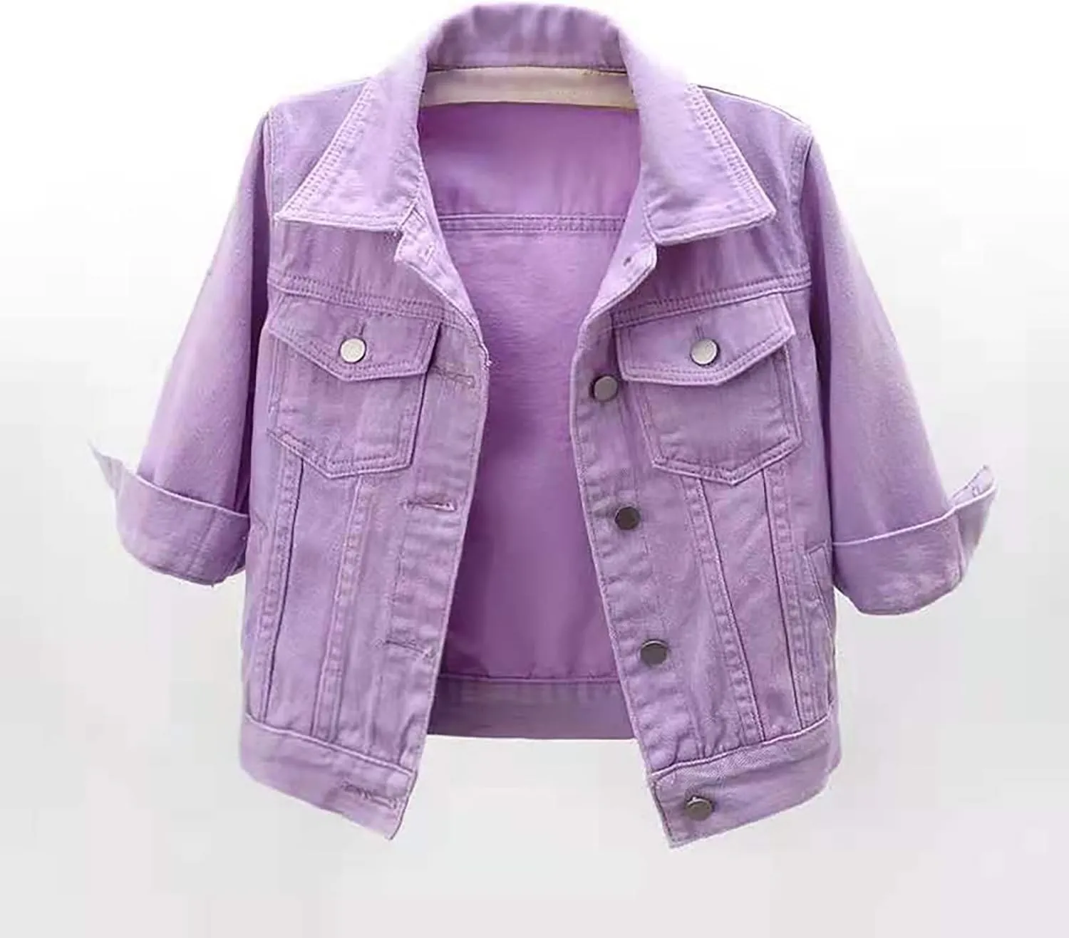 Jean Jacket Women 3/4 Sleeve Colored Cropped Denim Jacket Trendy Light Wash Short Jean Jacket Trucker Coat