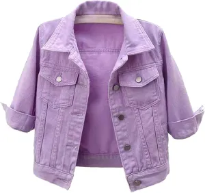 Jean Jacket Women 3/4 Sleeve Colored Cropped Denim Jacket Trendy Light Wash Short Jean Jacket Trucker Coat