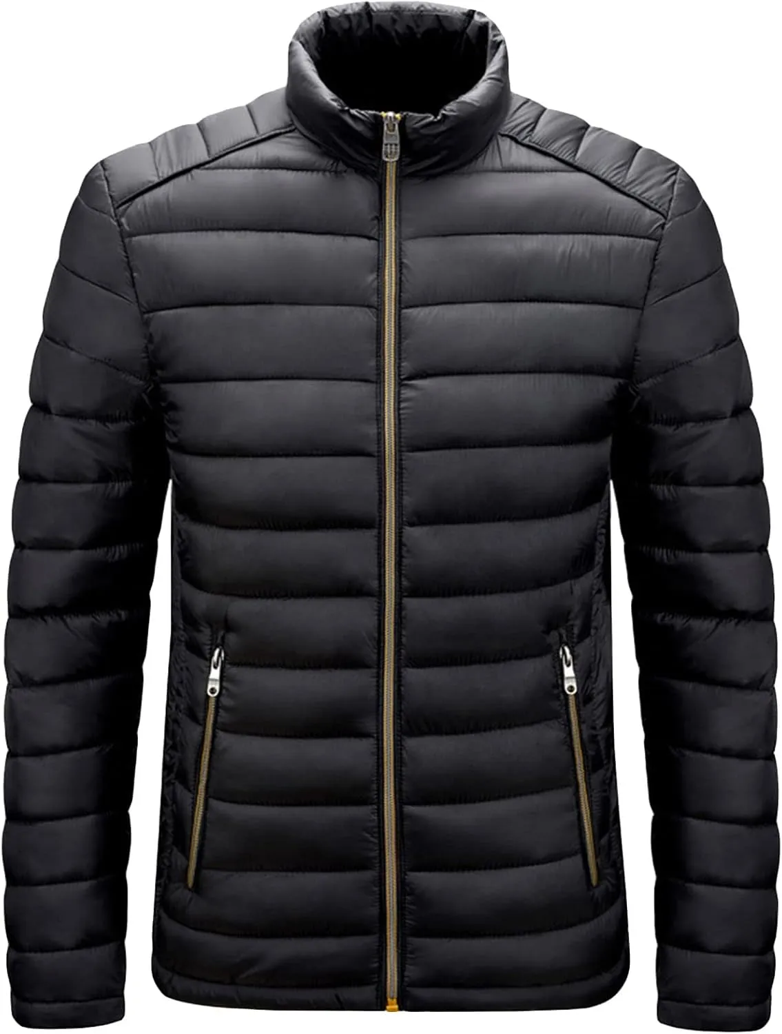 JEShifangjiusu Men Winter Cotton Padded Jacket Casual Stand Collar Hoodless Zipper Pocket Coat Thicken Long Sleeve Coats, Black, XX-Large
