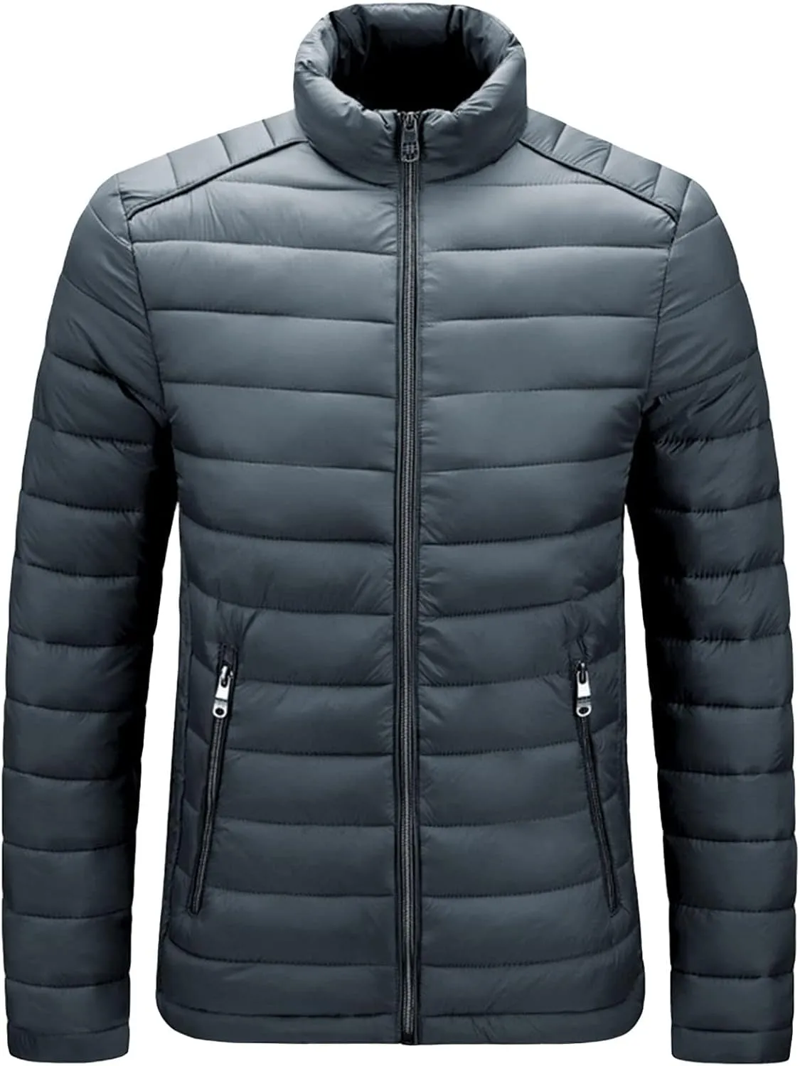 JEShifangjiusu Men Winter Cotton Padded Jacket Casual Stand Collar Hoodless Zipper Pocket Coat Thicken Long Sleeve Coats, Grey, Medium