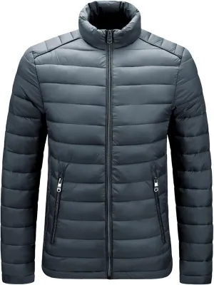 JEShifangjiusu Men Winter Cotton Padded Jacket Casual Stand Collar Hoodless Zipper Pocket Coat Thicken Long Sleeve Coats, Grey, Medium