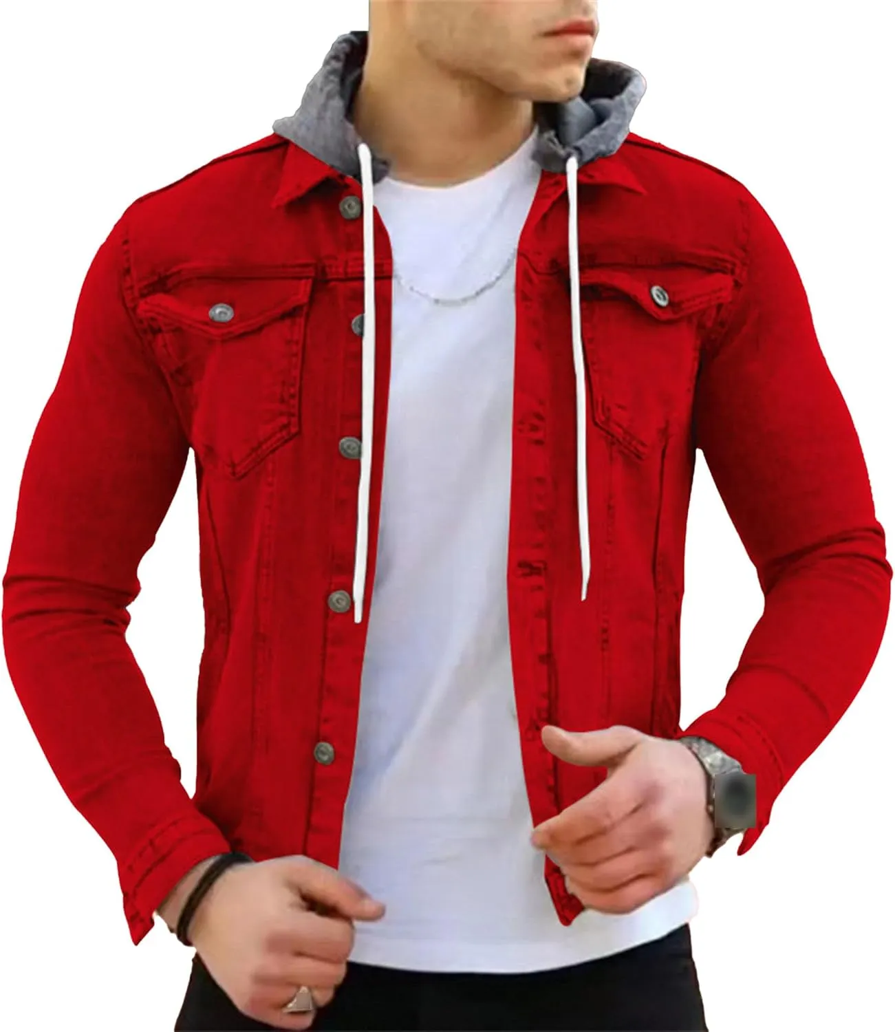 JEShifangjiusu Men'S Denim Hoodie Military Jacket Casual Slim Fit Button Down Jeans Coat Fashion Winter Denim Trucker Jacket