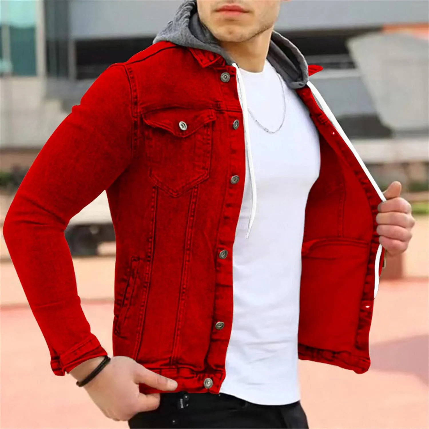 JEShifangjiusu Men'S Denim Hoodie Military Jacket Casual Slim Fit Button Down Jeans Coat Fashion Winter Denim Trucker Jacket