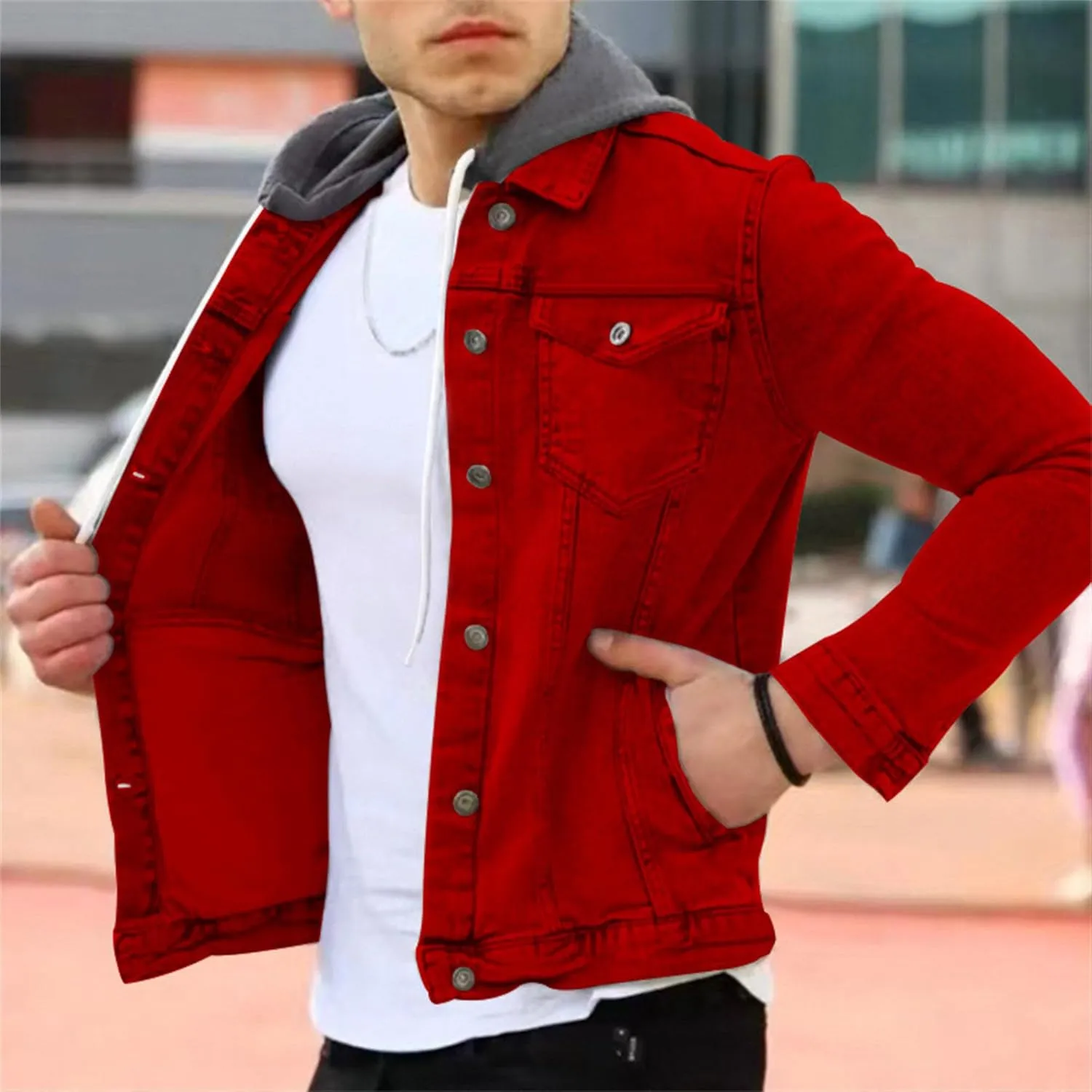 JEShifangjiusu Men'S Denim Hoodie Military Jacket Casual Slim Fit Button Down Jeans Coat Fashion Winter Denim Trucker Jacket