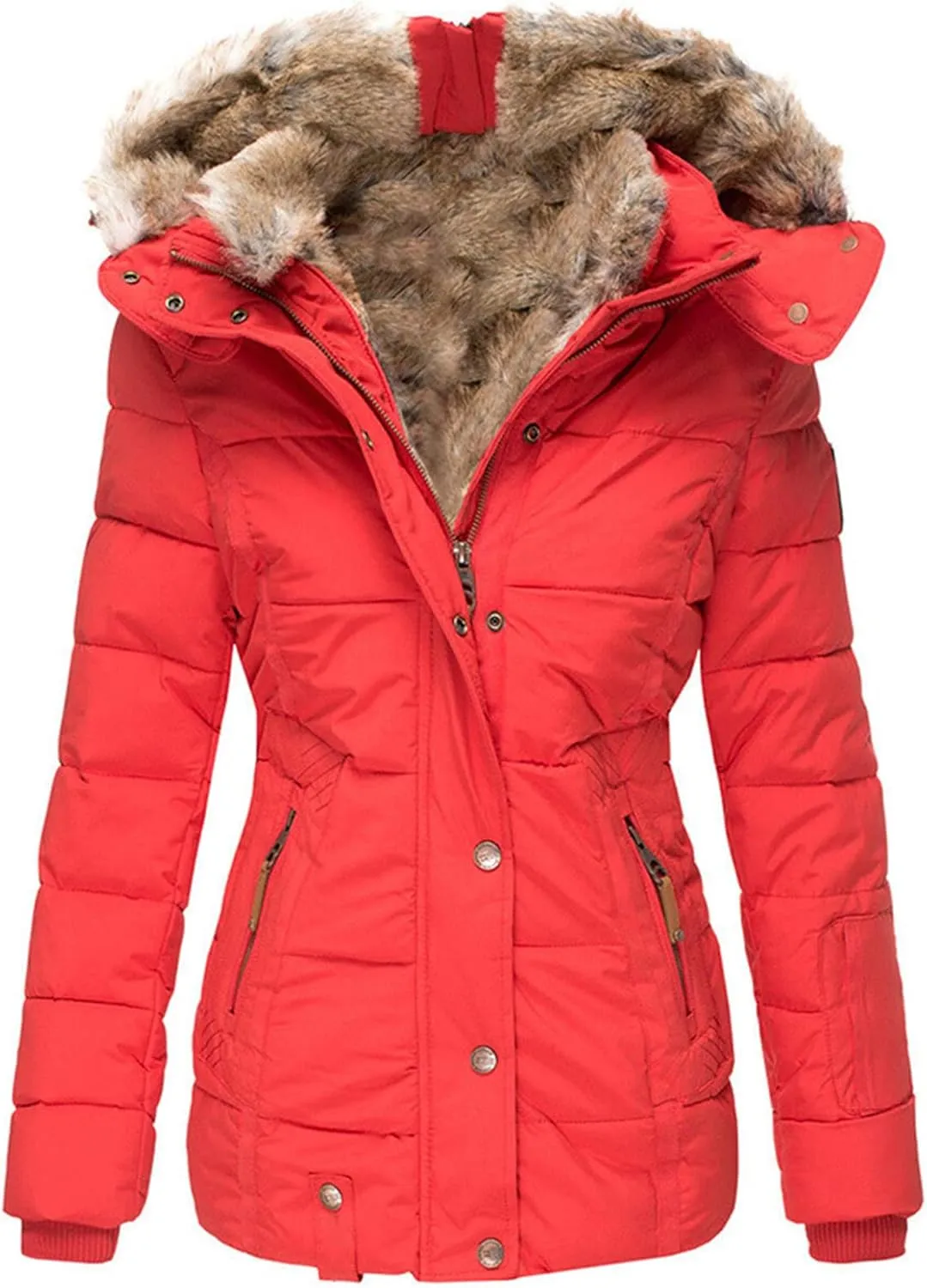JEsilunmaMY Women's Winter Military Hooded Coats Long Sleeve Slim Fit Fleece Parkas Anoraks Warm Thicken Cotton Puffer Jacket