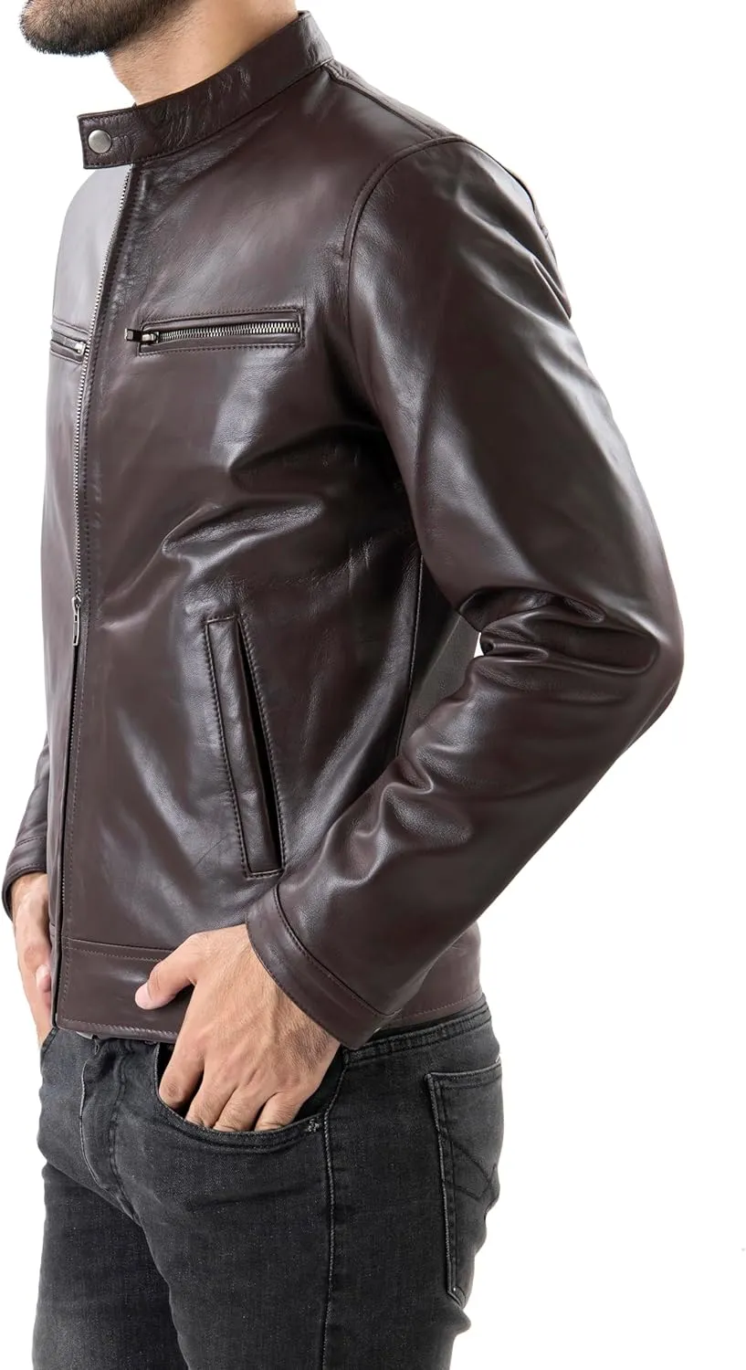 Jild Classical Single Piece Lambskin Leather Jacket Men - Everyday Wear Snap Tab Collar Mens Motorcycle Leather Jacket