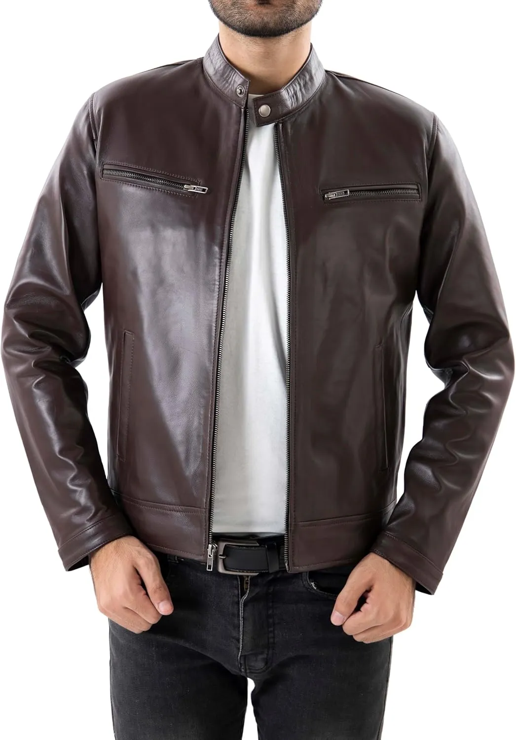 Jild Classical Single Piece Lambskin Leather Jacket Men - Everyday Wear Snap Tab Collar Mens Motorcycle Leather Jacket
