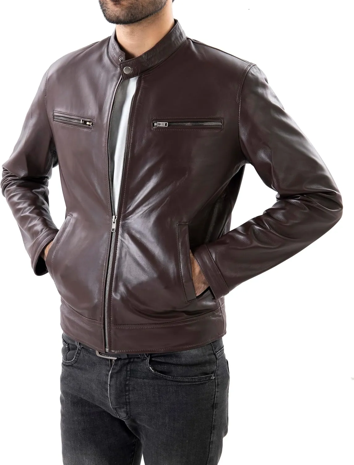 Jild Classical Single Piece Lambskin Leather Jacket Men - Everyday Wear Snap Tab Collar Mens Motorcycle Leather Jacket