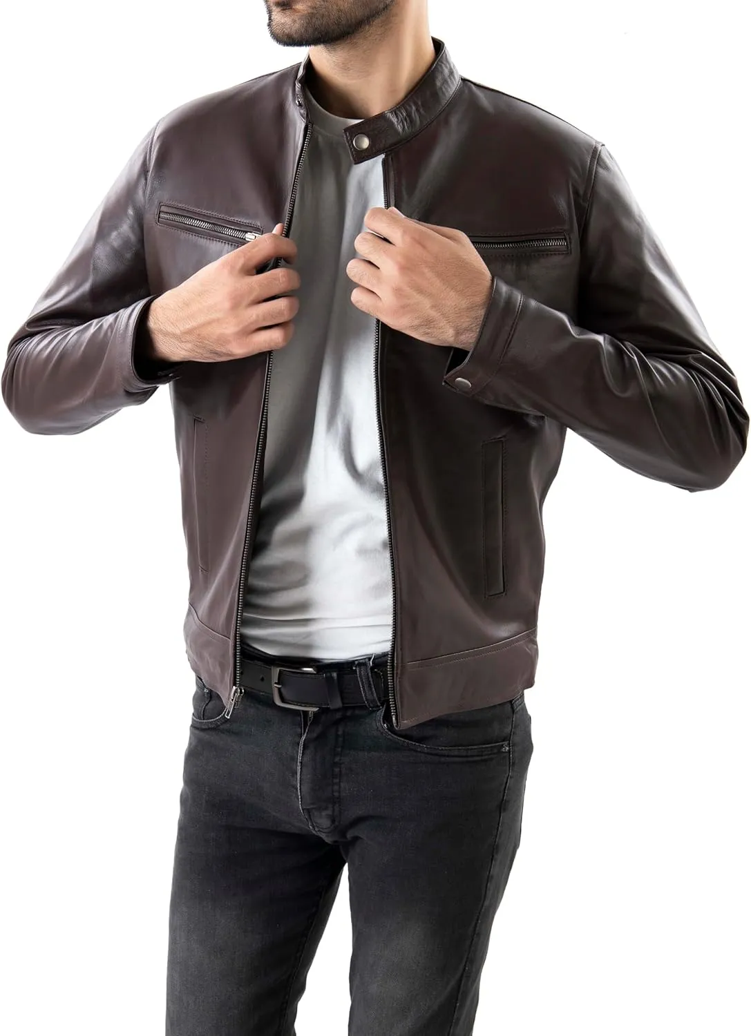 Jild Classical Single Piece Lambskin Leather Jacket Men - Everyday Wear Snap Tab Collar Mens Motorcycle Leather Jacket