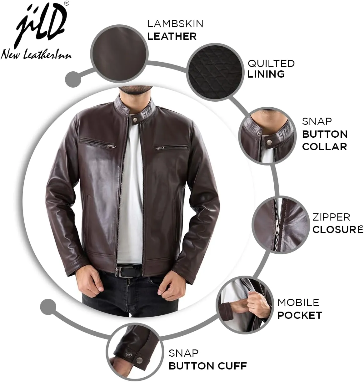 Jild Classical Single Piece Lambskin Leather Jacket Men - Everyday Wear Snap Tab Collar Mens Motorcycle Leather Jacket