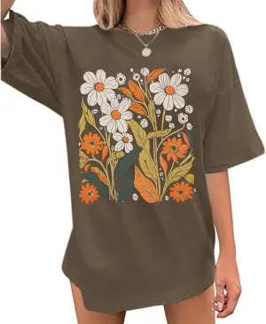 Jinluth Womens Oversized Boho Wildflower Graphic Tee Shirts Vintage Floral Printed Tshirts Cute Flower Plant Tops