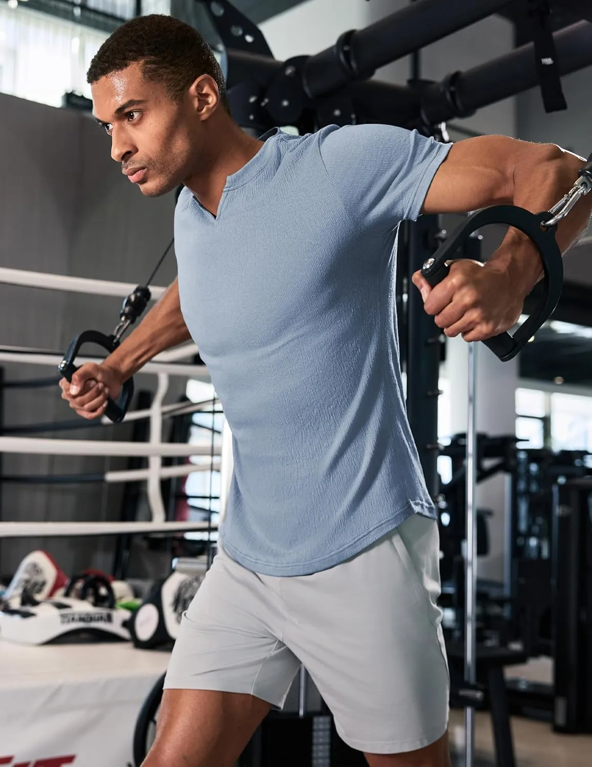 JMIERR Mens Muscle Slim T Shirt Texture V Neck Longline Henley Gym Workout Athletic Tee Shirts