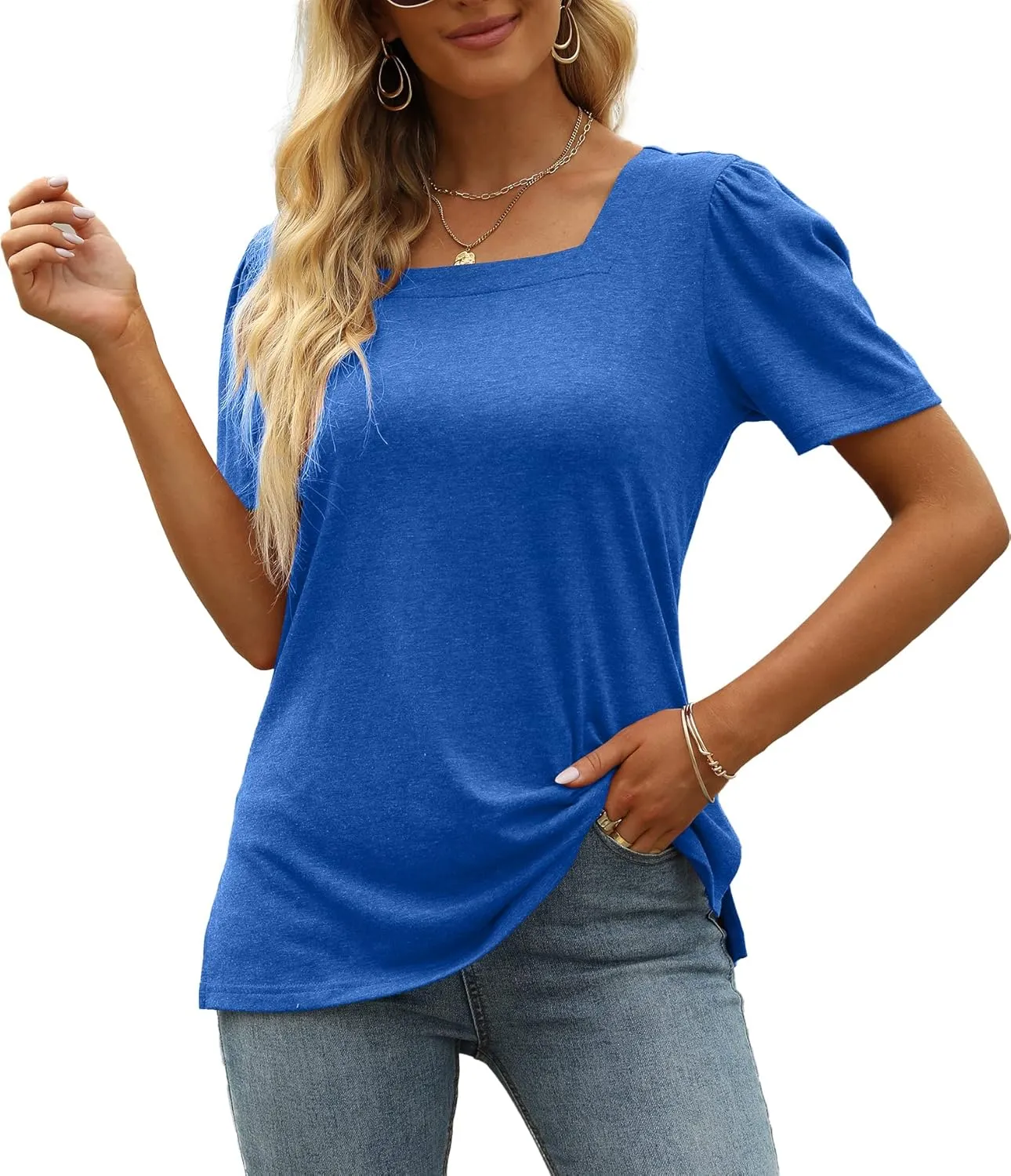 JomeDesign Womens Tops Casual Short Sleeve Square Neck Shirts Puff Sleeve Tshirts Loose Casual Blouse Summer Tee