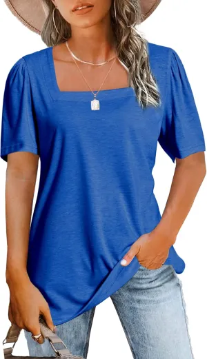 JomeDesign Womens Tops Casual Short Sleeve Square Neck Shirts Puff Sleeve Tshirts Loose Casual Blouse Summer Tee