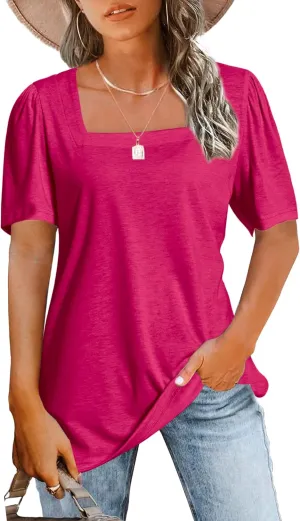 JomeDesign Womens Tops Casual Short Sleeve Square Neck Shirts Puff Sleeve Tshirts Loose Casual Blouse Summer Tee