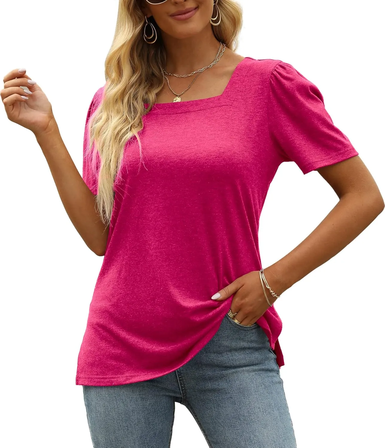 JomeDesign Womens Tops Casual Short Sleeve Square Neck Shirts Puff Sleeve Tshirts Loose Casual Blouse Summer Tee