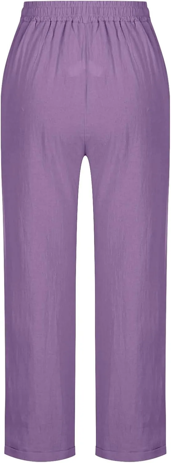 jsaierl Womens Summer Cotton Linen Straight Leg Pants High Waisted Casual Trousers Lightweight Lounge Drawstring Pants