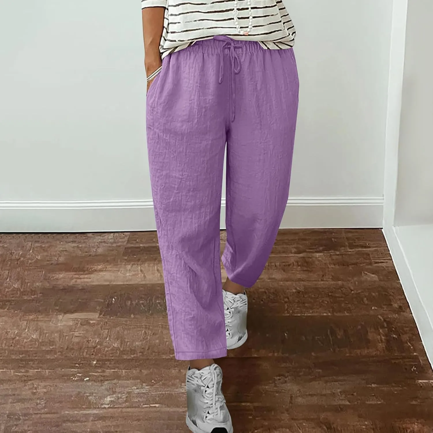jsaierl Womens Summer Cotton Linen Straight Leg Pants High Waisted Casual Trousers Lightweight Lounge Drawstring Pants