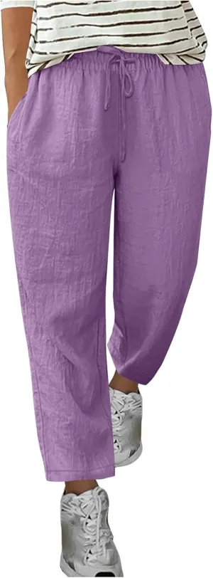 jsaierl Womens Summer Cotton Linen Straight Leg Pants High Waisted Casual Trousers Lightweight Lounge Drawstring Pants
