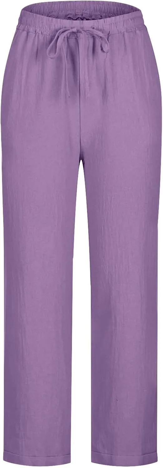 jsaierl Womens Summer Cotton Linen Straight Leg Pants High Waisted Casual Trousers Lightweight Lounge Drawstring Pants