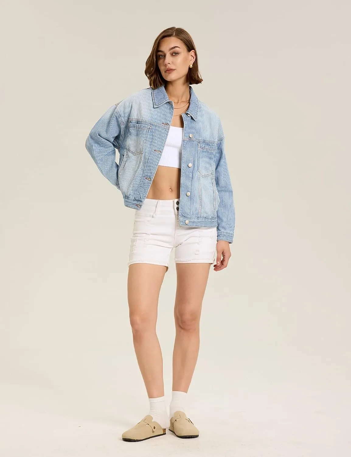 Kedera Women's Blue Jean Jacket Oversized Distressed Button Down Denim Jacket Vintage Long Sleeve Soft Boyfriend Coat