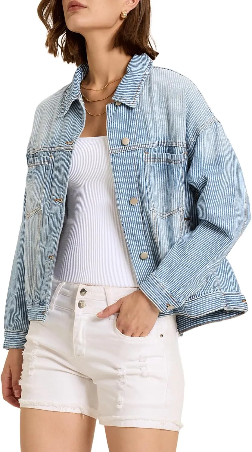 Kedera Women's Blue Jean Jacket Oversized Distressed Button Down Denim Jacket Vintage Long Sleeve Soft Boyfriend Coat