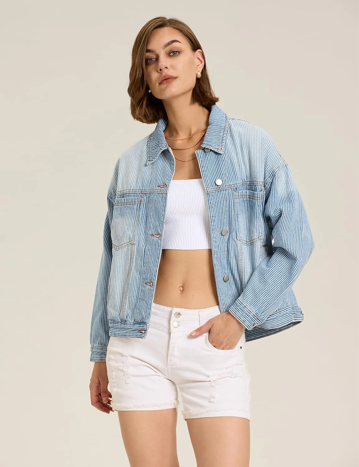Kedera Women's Blue Jean Jacket Oversized Distressed Button Down Denim Jacket Vintage Long Sleeve Soft Boyfriend Coat