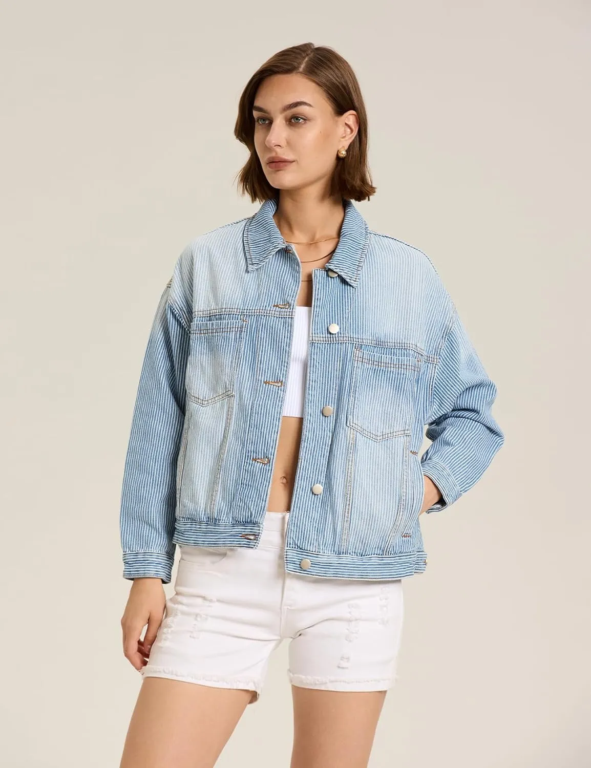 Kedera Women's Blue Jean Jacket Oversized Distressed Button Down Denim Jacket Vintage Long Sleeve Soft Boyfriend Coat