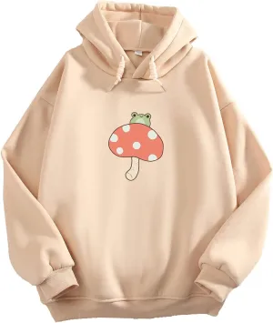 KEEVICI Women Cute Frog Sweatshirt Kawaii Mushroom Hoodie for Teen Girls Aesthetic Cottagecore Clothes Feminino Hoodies