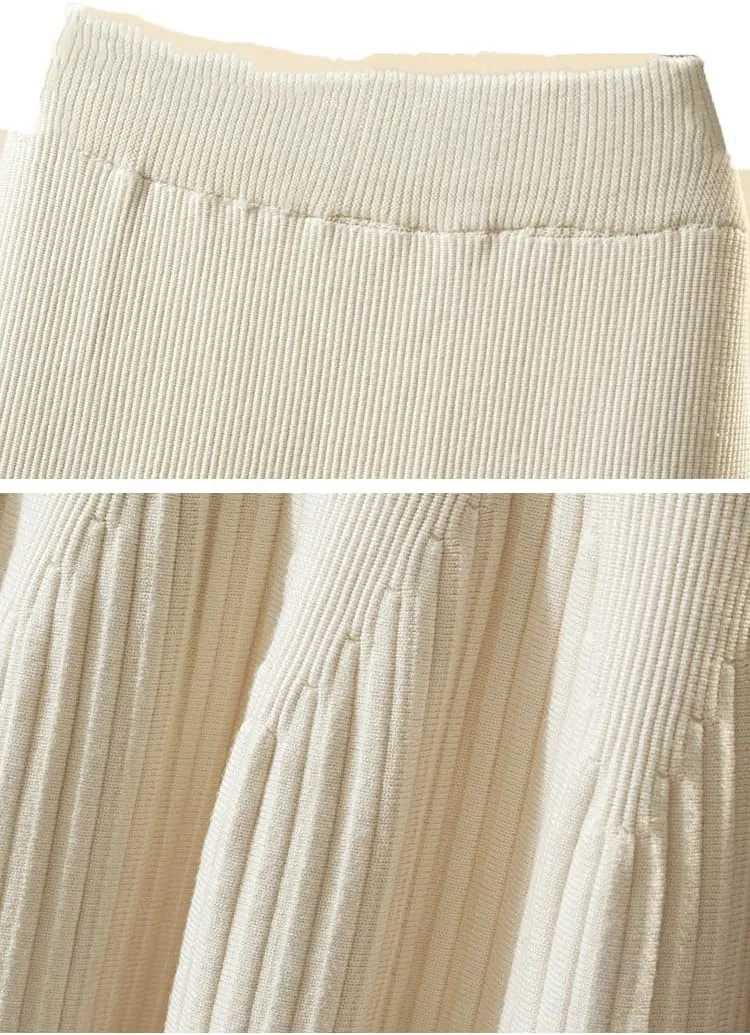 Knitted Skirt Women Casual Solid A Line High Waist Pleated Midi Long Skirt Female Ladies