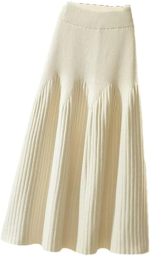 Knitted Skirt Women Casual Solid A Line High Waist Pleated Midi Long Skirt Female Ladies