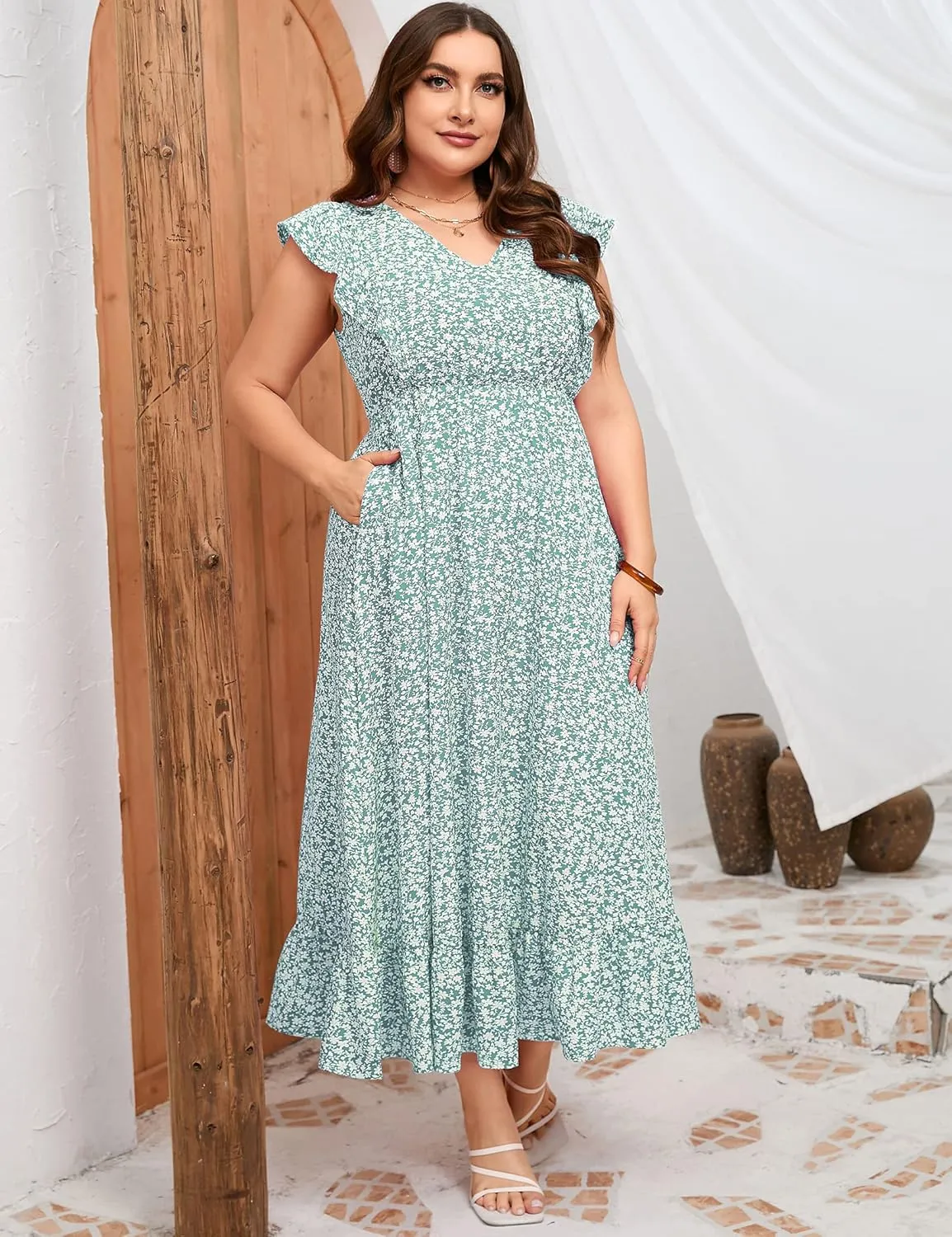 KOJOOIN Women's Plus Size Summer Dress with Pocket Ruffle Cap Sleeveless V Neck Side Split Long Beach Maxi Dress