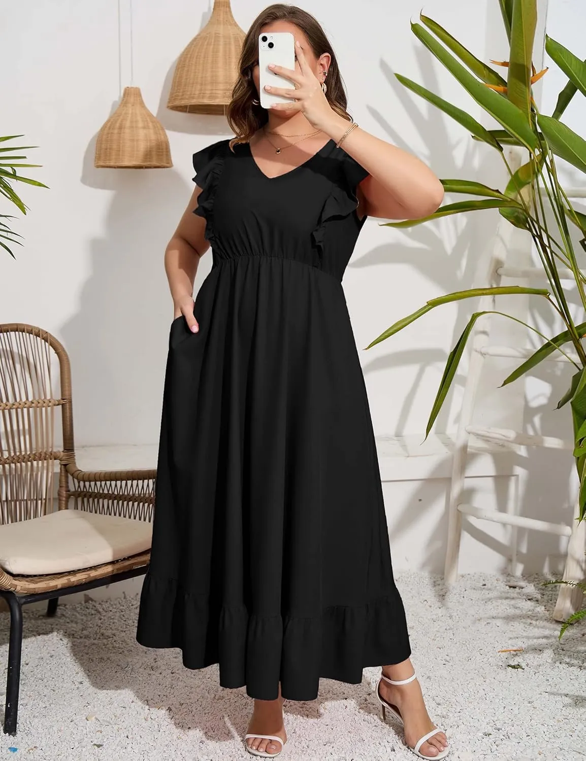KOJOOIN Women's Plus Size Summer Dress with Pocket Ruffle Cap Sleeveless V Neck Side Split Long Beach Maxi Dress