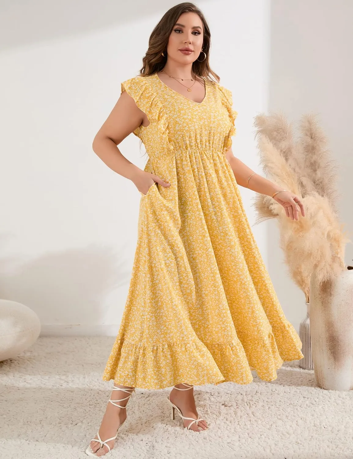 KOJOOIN Women's Plus Size Summer Dress with Pocket Ruffle Cap Sleeveless V Neck Side Split Long Beach Maxi Dress