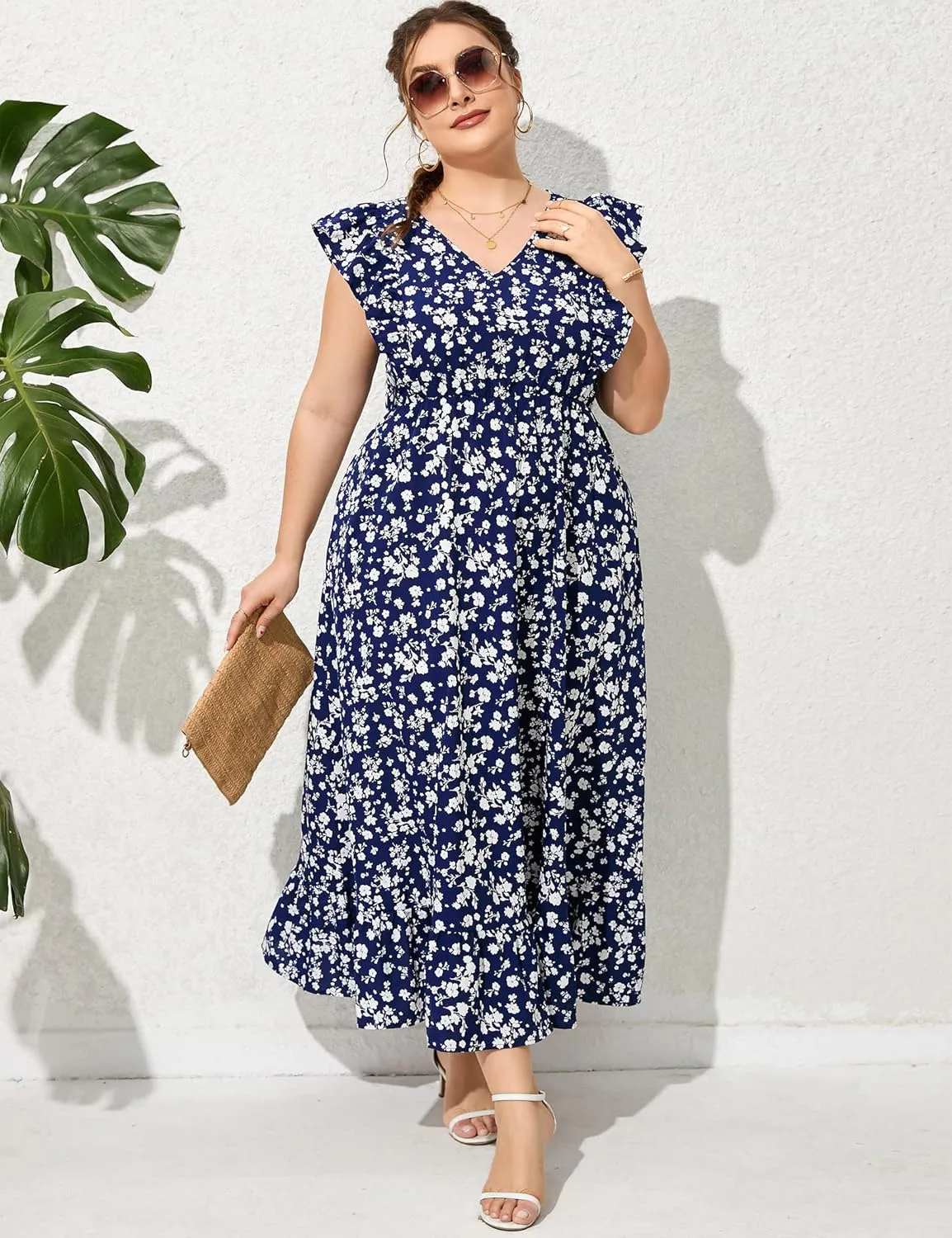 KOJOOIN Women's Plus Size Summer Dress with Pocket Ruffle Cap Sleeveless V Neck Side Split Long Beach Maxi Dress