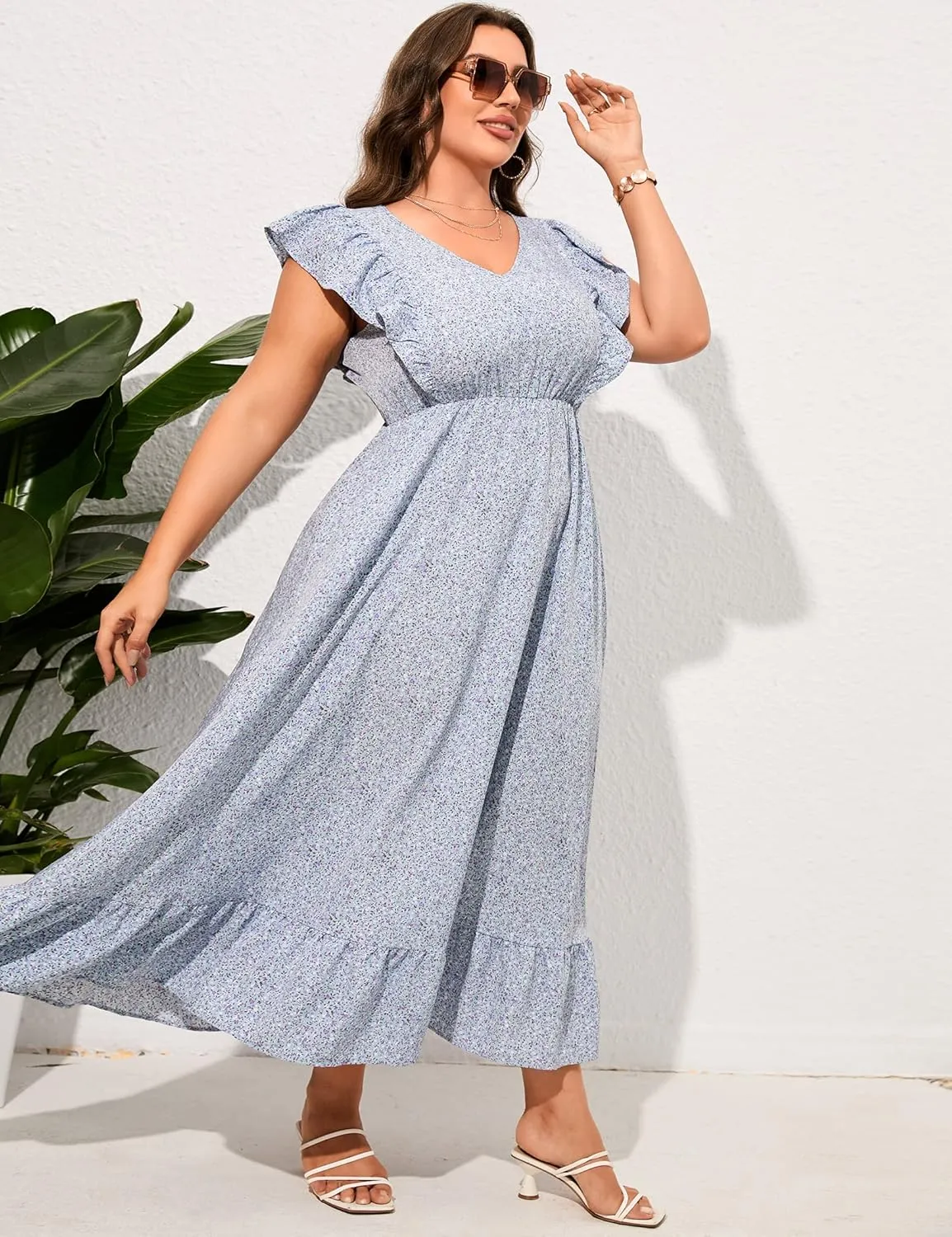 KOJOOIN Women's Plus Size Summer Dress with Pocket Ruffle Cap Sleeveless V Neck Side Split Long Beach Maxi Dress