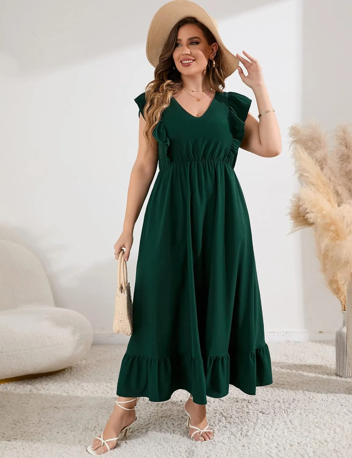 KOJOOIN Women's Plus Size Summer Dress with Pocket Ruffle Cap Sleeveless V Neck Side Split Long Beach Maxi Dress